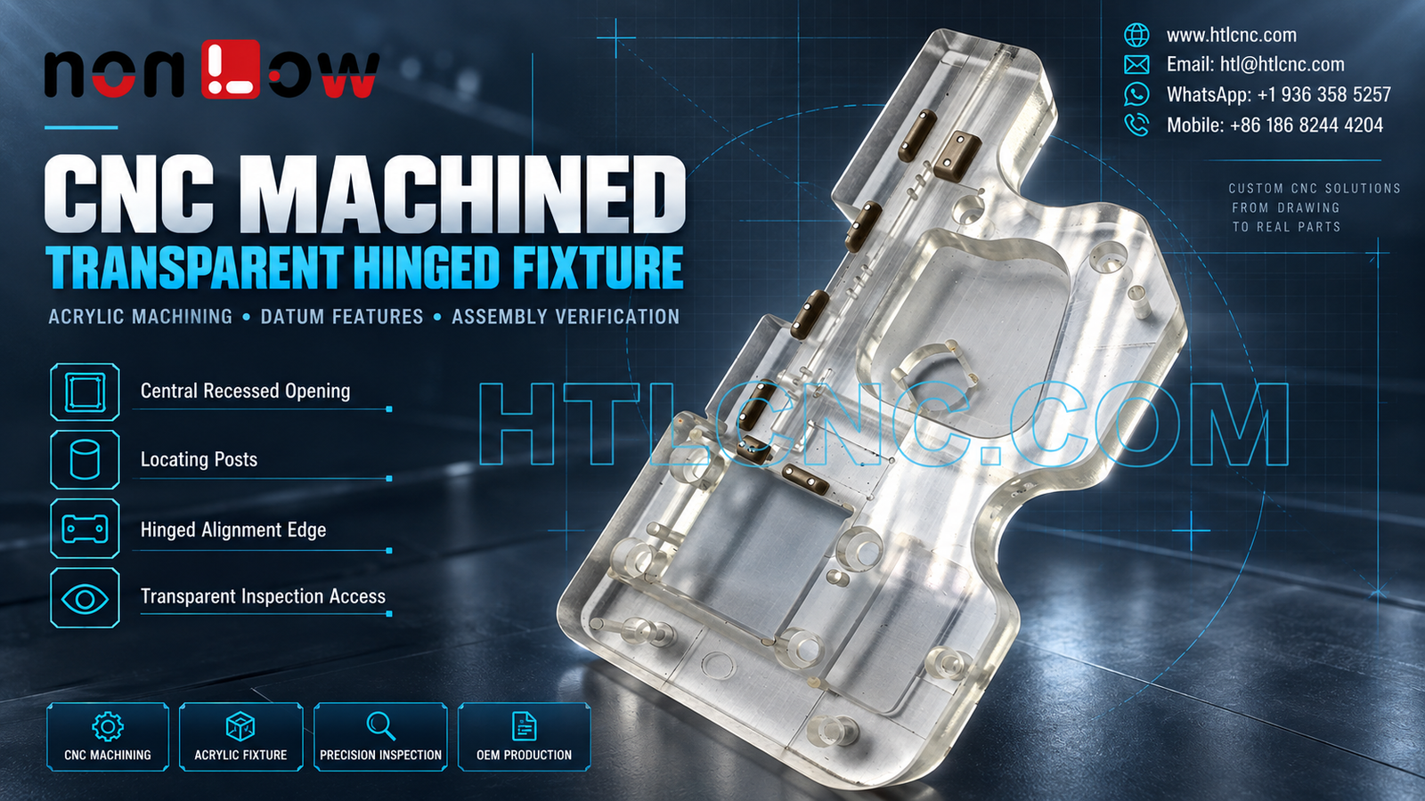 CNC Machined Transparent Acrylic Hinged Fixture with Datum and Alignment Control