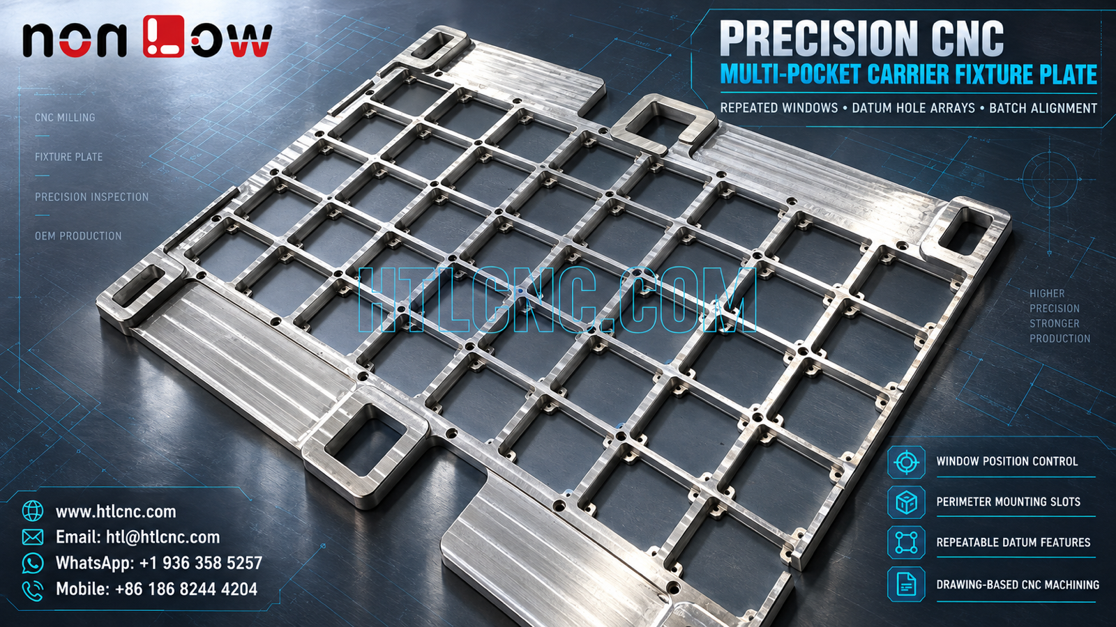 CNC Machined Multi-Pocket Carrier Fixture Plate for Window and Datum Repeatability