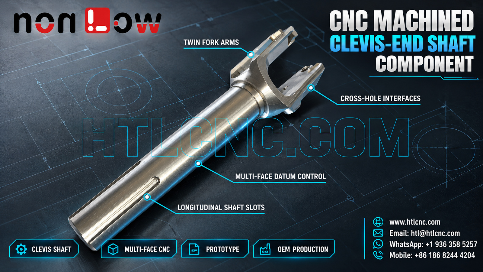 CNC Machined Clevis-End Shaft Component: Fork, Cross-Hole and Slot Datum Control