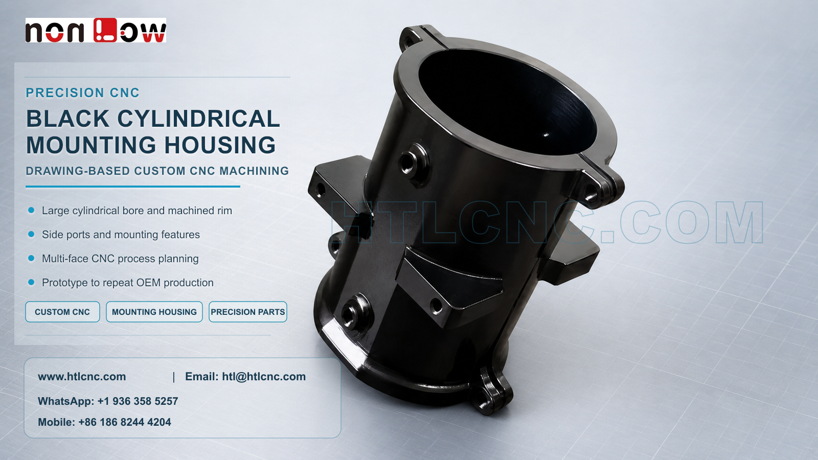 Black Cylindrical Mounting Housing Custom CNC Machining for OEM Equipment