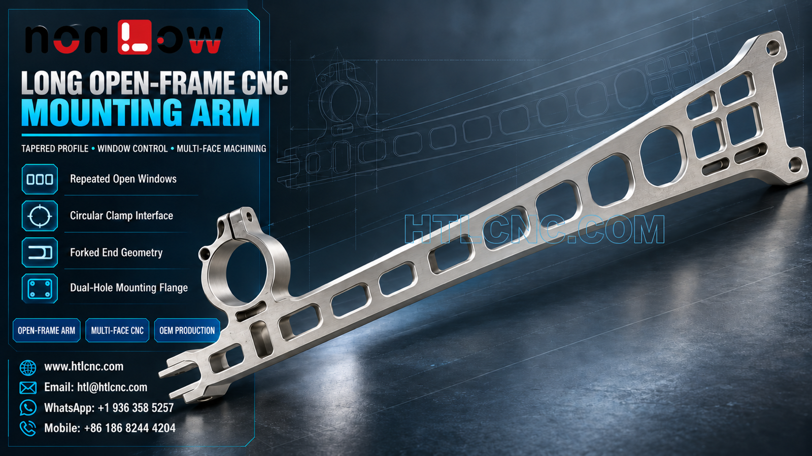 Long Open-Frame CNC Mounting Arm with Clamp, Window and Fork Datum Control