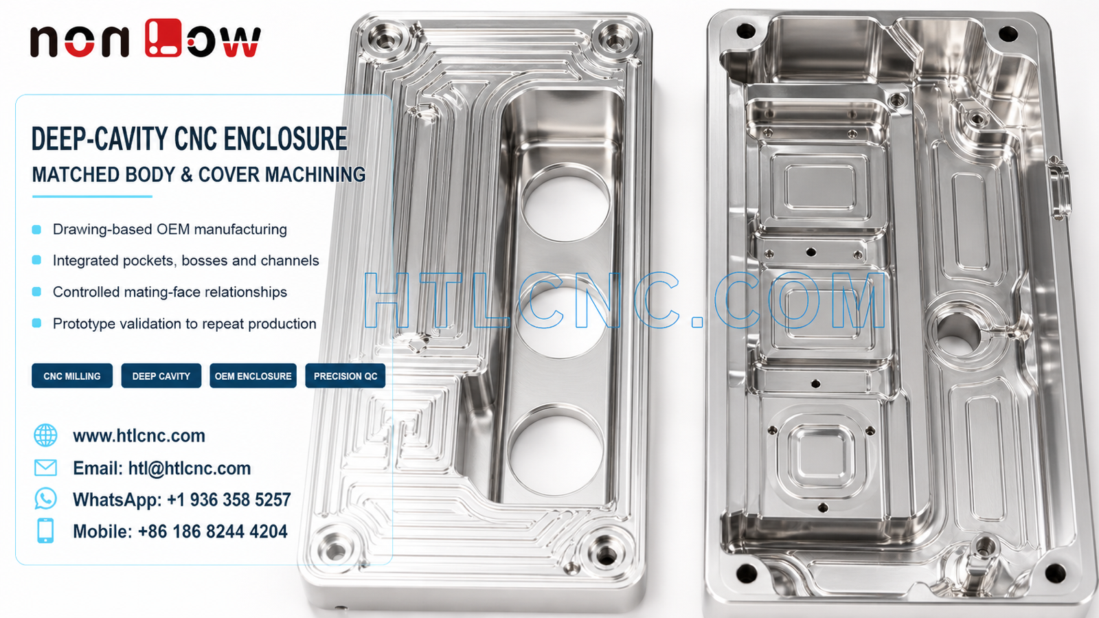 Matched Deep-Cavity CNC Enclosure Body and Cover with Controlled Mating Faces