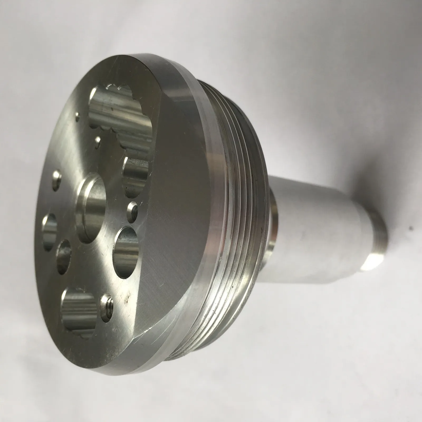 Custom aluminum CNC turned flange shaft side view